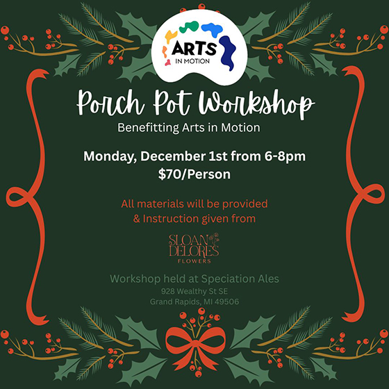 Graphic for promoting event called Porch Pot Workshop with green background and arts in motion studio logo.
