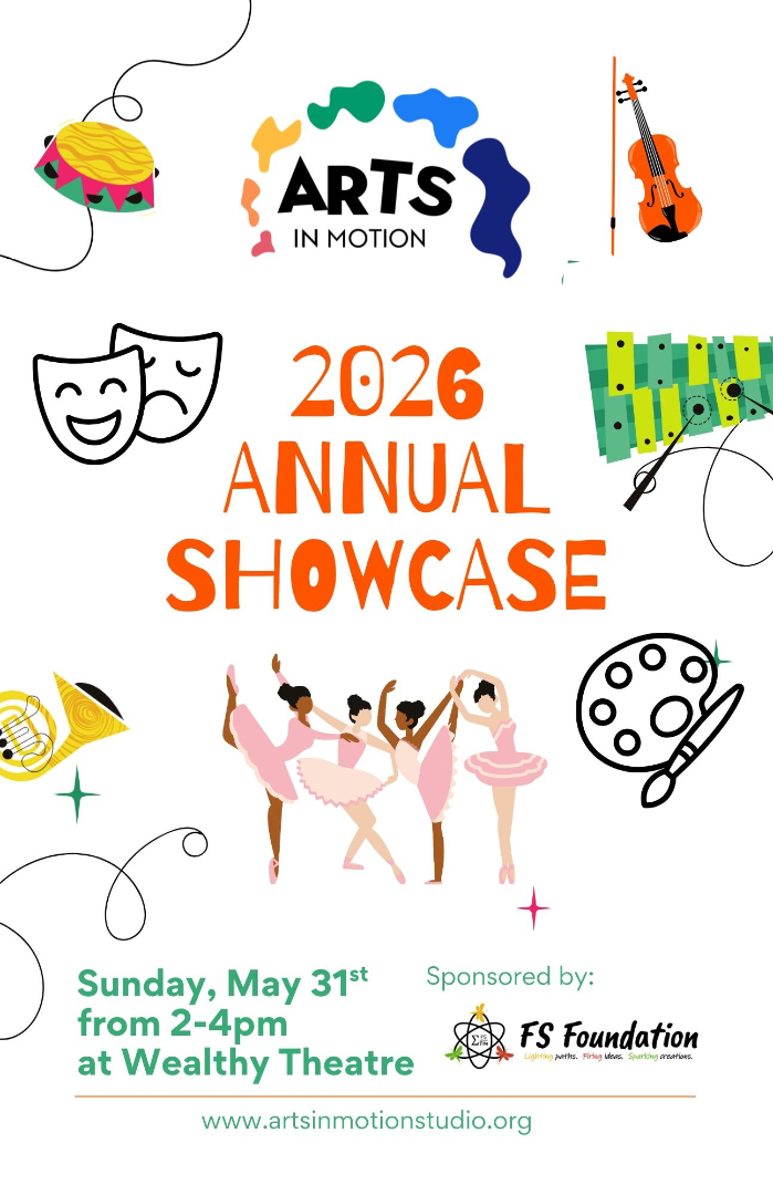 graphic featuring multi-colored text for 2026 Annual Showcase for Arts in Motion Studio West Michigan on Sunday May, 31, 2026 from 2pm to 4pm.